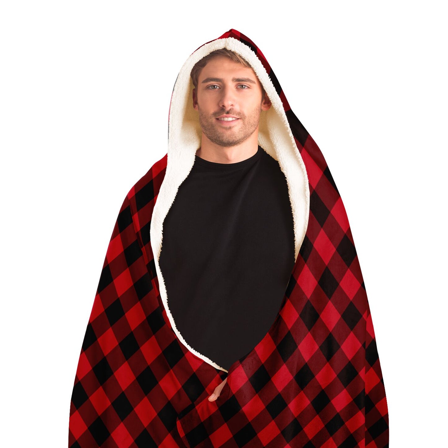 Red Black Buffalo Plaid Wearable Hooded Blanket, Sherpa Check Lumberjack Fleece Microfleece Throw Adult Youth Men Woman Cloak Winter Gift Starcove Fashion