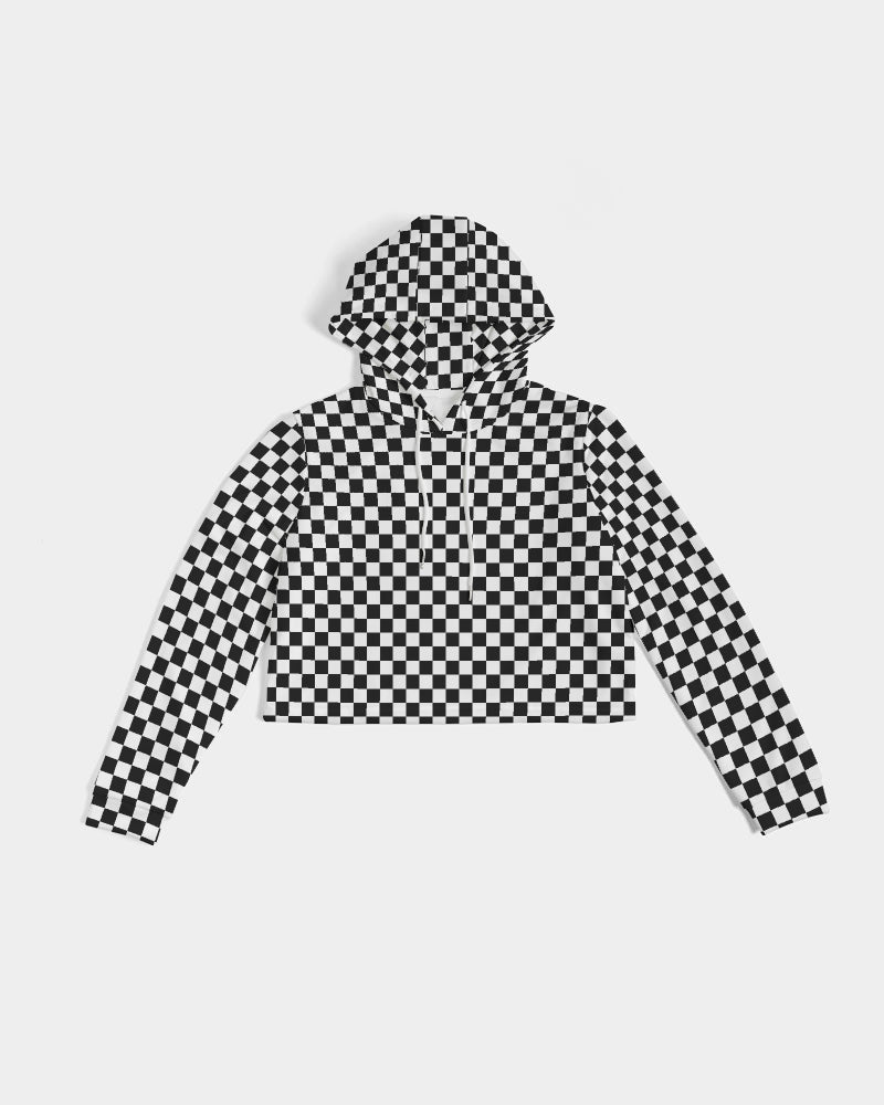 Black White Checkered Women Cropped Hoodie, Racing Check Ladies Aesthetic Graphic Hooded Pullover Sweatshirt Crop Jumper Top