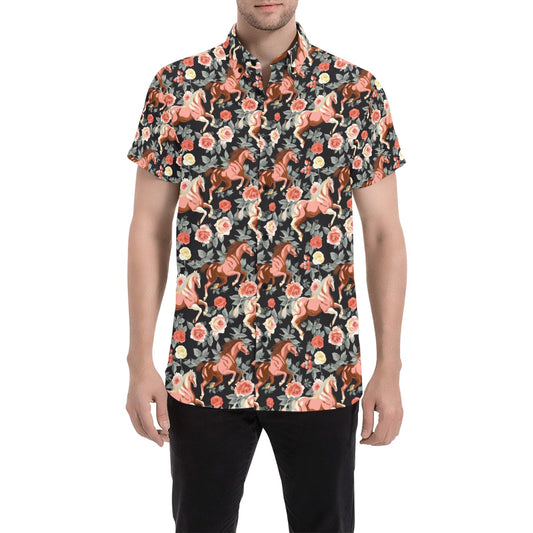 Horses Short Sleeve Men Button Up Shirt, Roses Derby Party Racing Flowers Print Casual Buttoned Down Summer Casual Dress Plus Size Collared