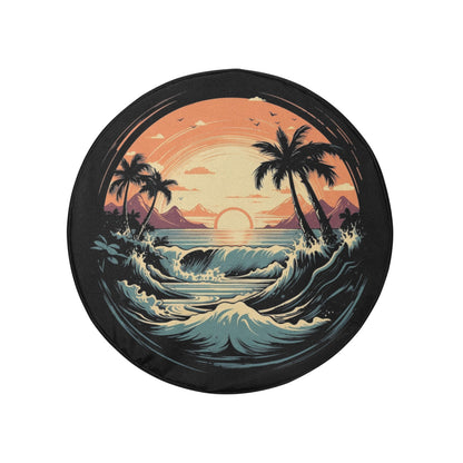 Beach Spare Tire Cover, Sunset Backup Camera Hole Rear Wheel Accessories Sun Tropical Palm Trees Waves Custom Unique Trailer Camper RV Back