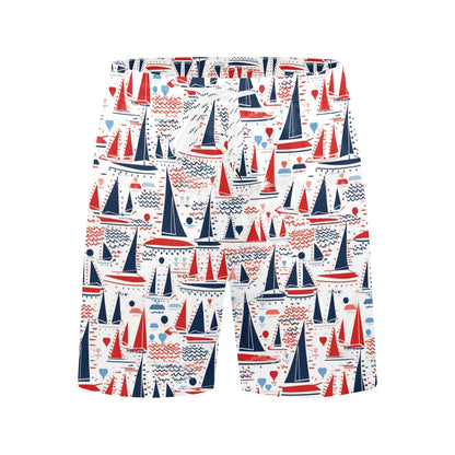 Sail Boats Men Swim Trunks, Red White Blue American Flag Nautical Shorts USA Patriotic Pockets Mesh Drawstring 4th of July Bathing Suit Guys