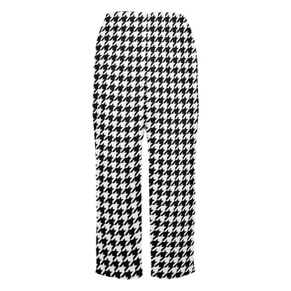 Houndstooth Women Pajamas Pants, Black White Pattern Satin PJ Pockets Trousers Couples Matching Ladies Trousers Bottoms