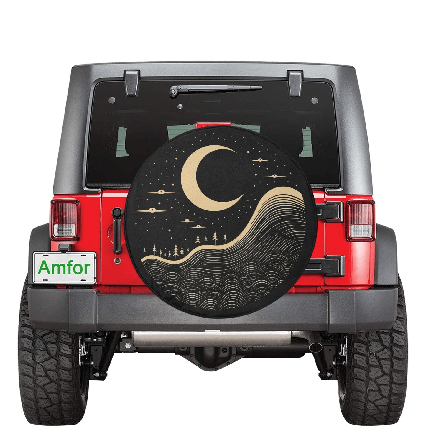 Moon Spare Tire Cover, Crescent Trees Wheel Mountains Line Drawing Unique Car Accessory Back Up Camera Hole Men Women Girls Camper Rear RV