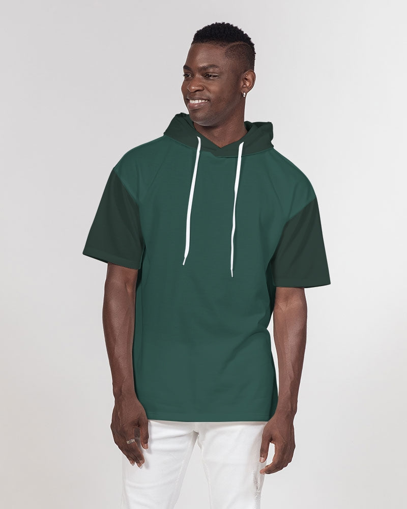 Green Short Sleeve Hoodie Mens Color Block Pine Green Pullover