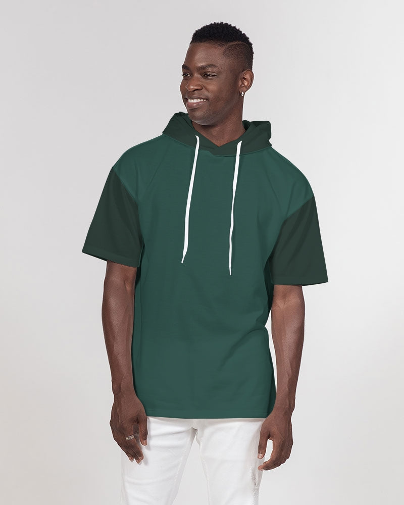 Green Short Sleeve Hoodie Mens, Color Block Pine Green Pullover unisex Summer Beach Hooded Sweatshirt with Pockets White Base Color / 2XL