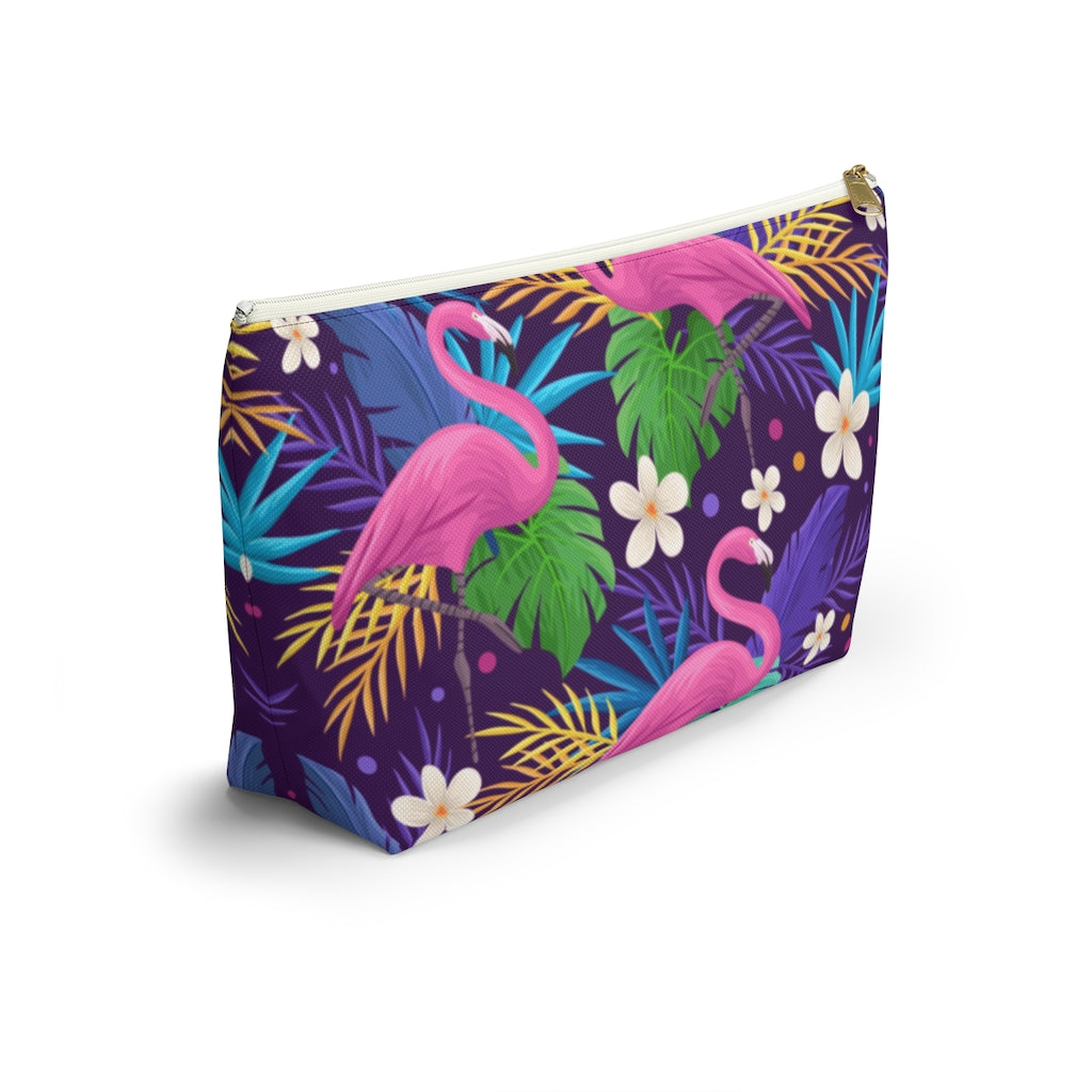 Flamingo Tropical Pouch Bag, Pink Purple Canvas Travel Wash Makeup Toiletry Bath Organizer Cosmetic Gift Accessory Large Small Zipper Starcove Fashion