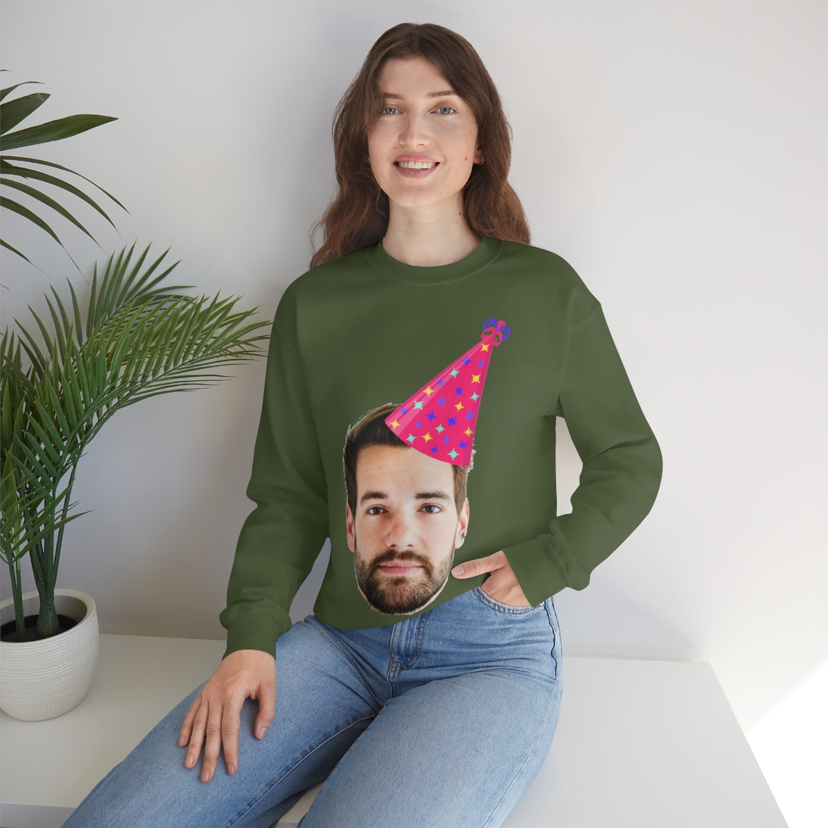 Custom Photo Sweatshirt, Face Birthday Party Hat Crewneck Fleece Sweater Jumper Pullover Men Women Adult Top Starcove Fashion