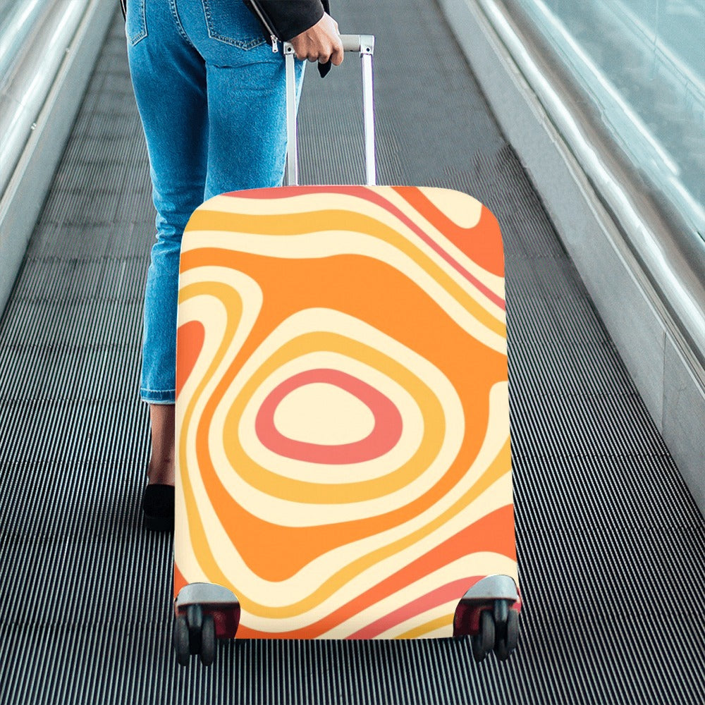 Retro Groovy Luggage Cover, Vintage 70s Funky Orange 1970s Aesthetic Suitcase Hard Bag Washable Protector Small Large Carry Travel Gift