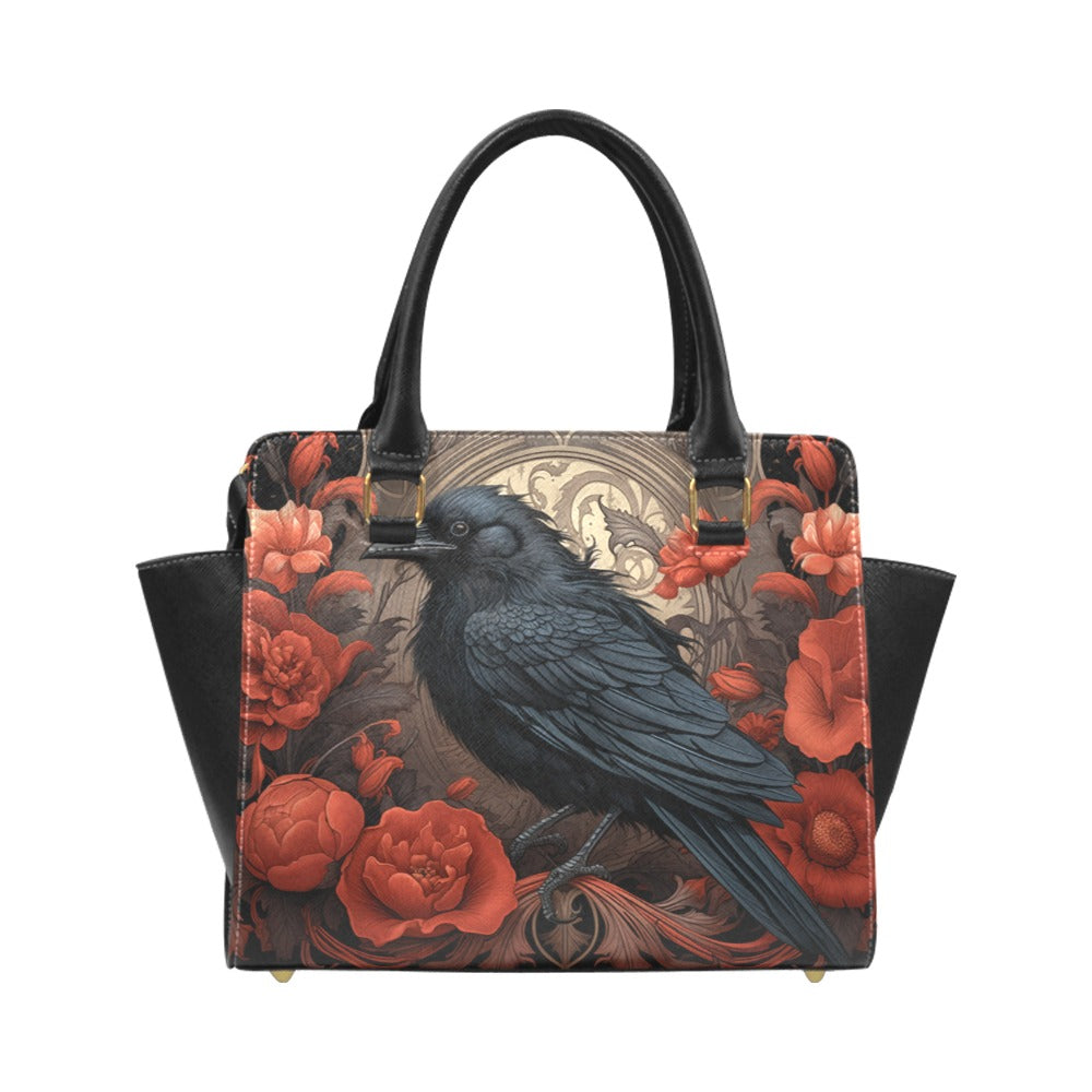 Raven Flowers Purse Handbag, Red Black Bird Gothic Botanical Floral Vegan Leather Designer Women Satchel Top Zip Handle Bag Shoulder Strap