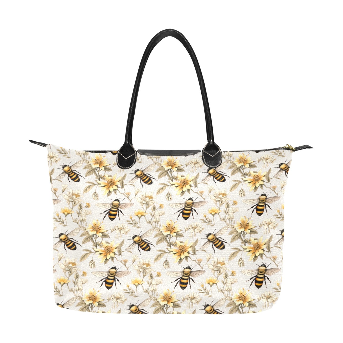 Bumble Bee Floral Purse Handbag Women, Flowers Floral White Print Canvas and Leather Tote Designer Accessory Bag Gift Ladies Purse