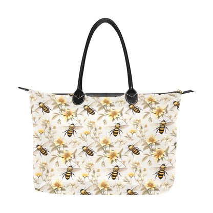 Bumble Bee Floral Purse Handbag Women, Flowers Floral White Print Canvas and Leather Tote Designer Accessory Bag Gift Ladies Purse