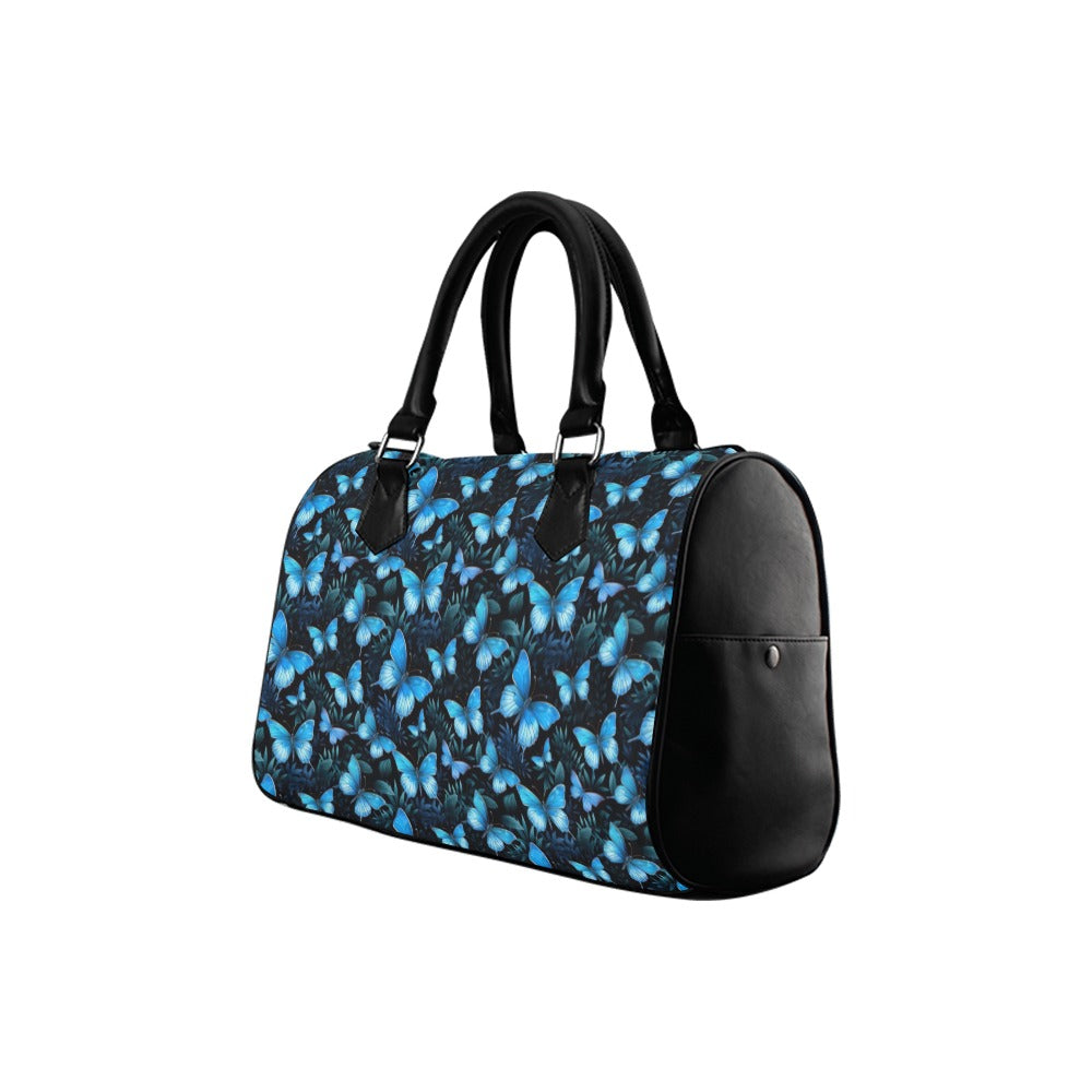 Morpho Blue Butterflies Print Handbag Purse, Cute Art Top Zipper Canvas Leather Top Handle Barrel Type Women Designer Ladies