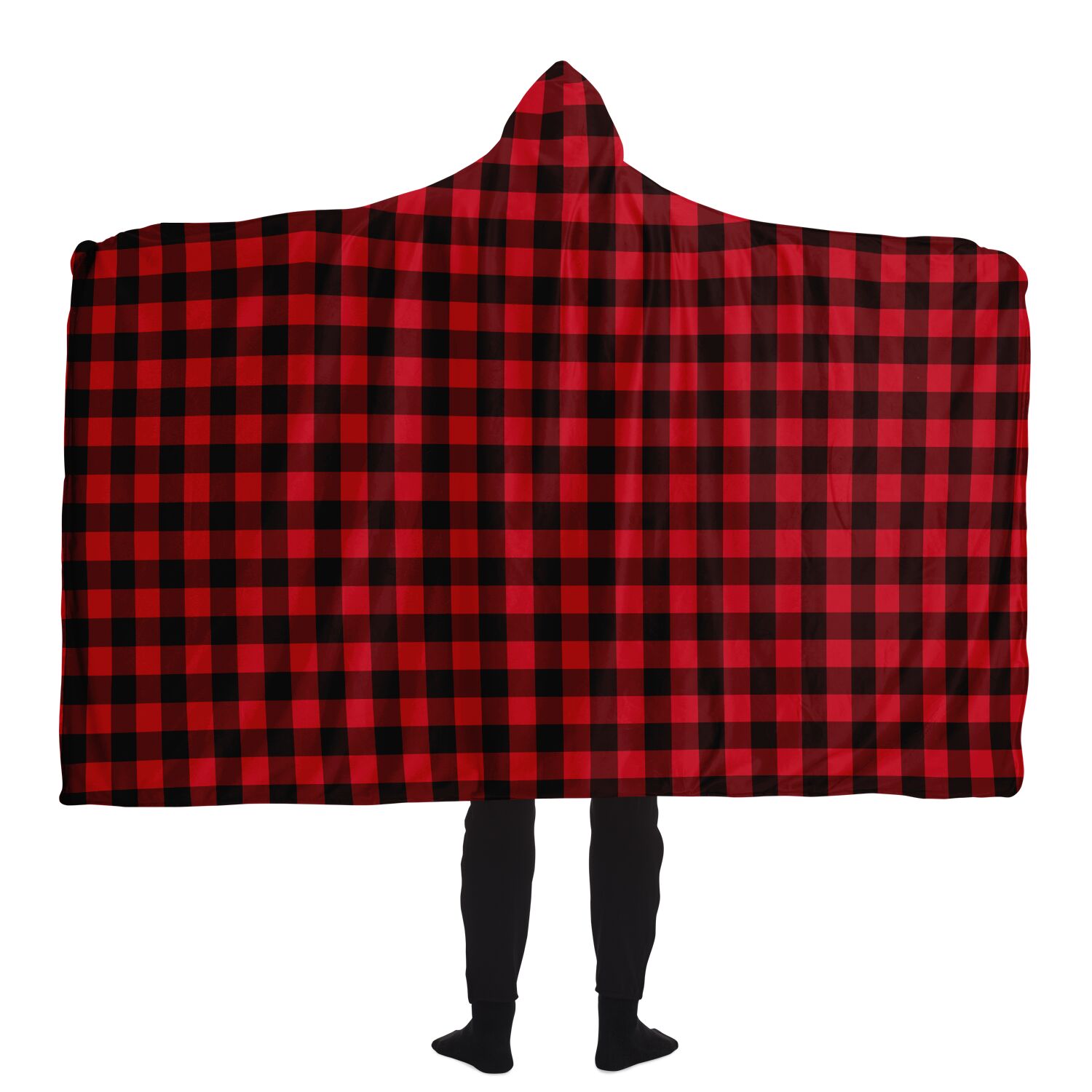 Red Black Buffalo Plaid Wearable Hooded Blanket, Sherpa Check Lumberjack Fleece Microfleece Throw Adult Youth Men Woman Cloak Winter Gift Starcove Fashion