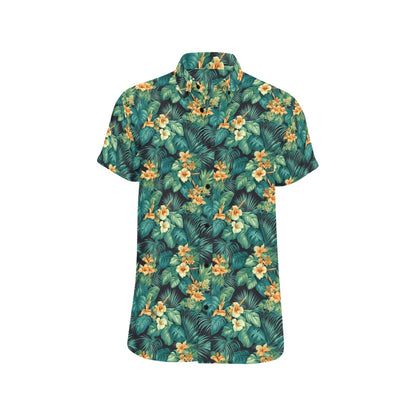 Tropical Leaves Short Sleeve Men Button Up Shirt, Green Yellow Flowers Print Casual Buttoned Down Summer Casual Dress Plus Size Collared