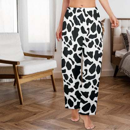 Cow Print Women Pajamas Pants, Black and White Animal Pattern Satin PJ Funny Pockets Trousers Couples Matching Ladies Trousers Bottoms