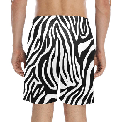 Zebra Stripes Men Swim Trunks, Animal Mid Length Shorts Beach Pockets Mesh Lining Drawstring Guys Casual Bathing Suit Plus Size Swimwear