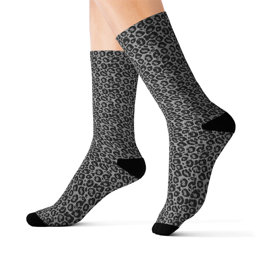 Grey Leopard Socks, Animal Print Crew 3D Sublimation Women Men Designer Fun Novelty Cool Casual Cute Unique Gift Starcove Fashion