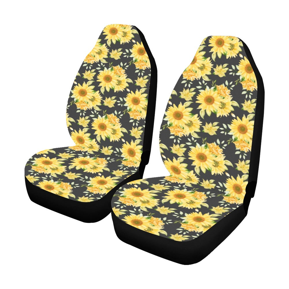 Sunflower Car Seat Covers 2 pc Set, Black Yellow Flowers Universal Front Seat Floral Car SUV Vans Seat Protector Accessory Women