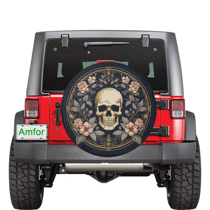 Floral Skull Spare Tire Cover, Pink Flowers Skeleton Backup Camera Hole Rear Wheel Unique Design Trailer Camper RV Back Men Women Protector