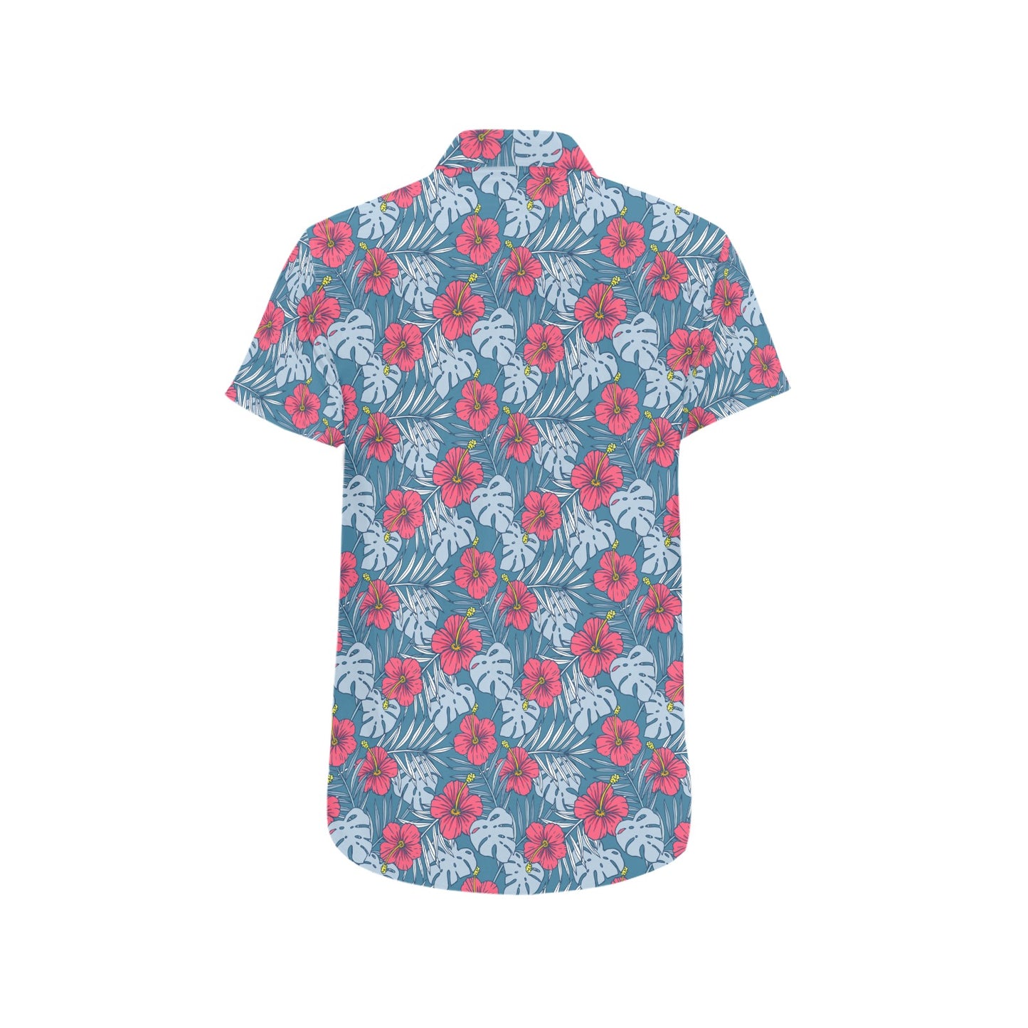 Hibiscus Flowers Short Sleeve Men Button Up Shirt, Blue Red Floral Hawaiian Print Casual Buttoned Down Summer Dress Shirt Guys