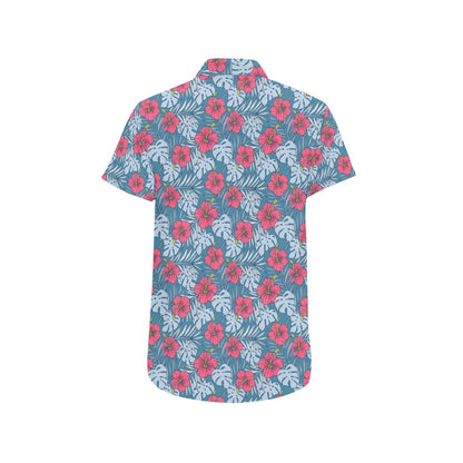 Hibiscus Flowers Short Sleeve Men Button Up Shirt, Blue Red Floral Hawaiian Print Casual Buttoned Down Summer Dress Shirt Guys