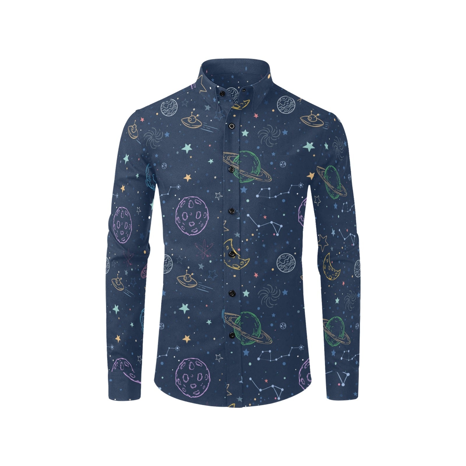 Planets Long Sleeve Men Button Up Shirt, Space Stars Constellations  Universe Cosmos Print Buttoned Collar Dress Shirt with Chest Pocket