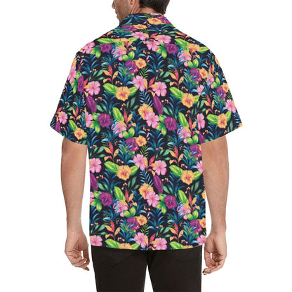 Black Pink Flowers Men Hawaiian shirt, Tropical Vintage Aloha Hawaii Retro Summer Tropical Beach Plus Size Cool Leaves Button Down Shirt