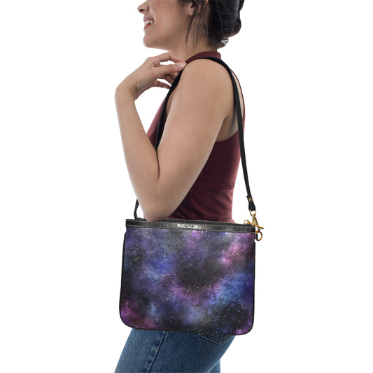 Galaxy Print Small Shoulder Bag, Space Stars Purple Women Leather with Unique Cross Evening Travel Handmade Messenger Crossbody Zipper Purse Starcove Fashion