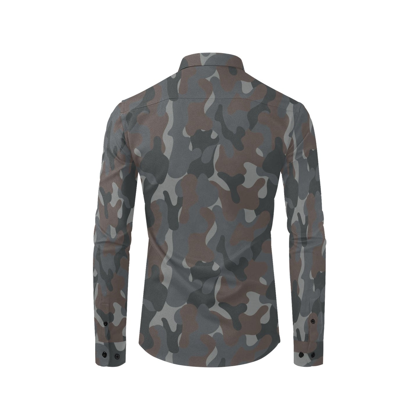 Camouflage Long Sleeve Men Button Up Shirt, Grey Brown Camo Print Buttoned Collared Casual Dress Shirt with Chest Pocket Guys