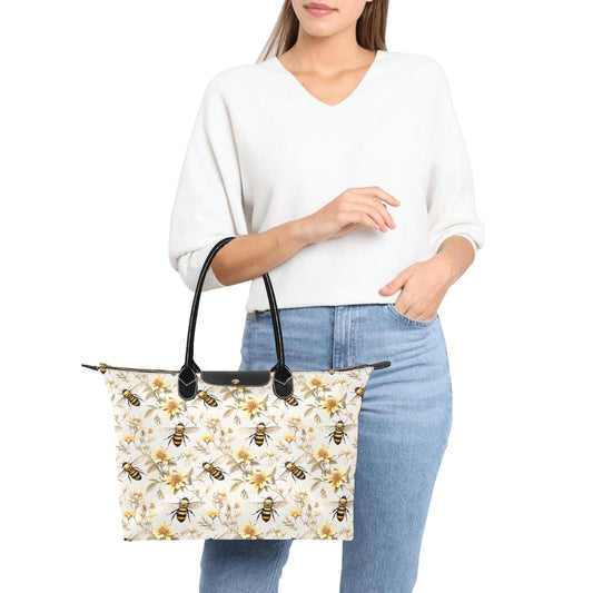 Bumble Bee Floral Purse Handbag Women, Flowers Floral White Print Canvas and Leather Tote Designer Accessory Bag Gift Ladies Purse