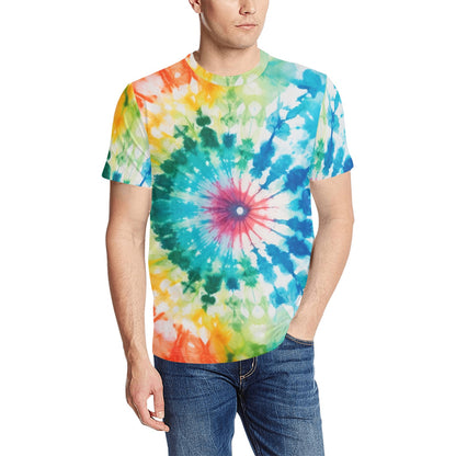 Tie Dye Tshirt, Colorful Green Blue 70s Designer Graphic Aesthetic Lightweight Crewneck Men Women Tee Top Short Sleeve Shirt