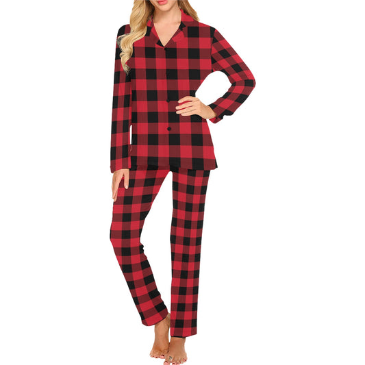 Red Buffalo Plaid Women Pajama Set, 2 Piece Pants Top PJ Checkered Winter Christmas Holiday Plaid Xmas Check Cozy Sleep Sleepwear Gift