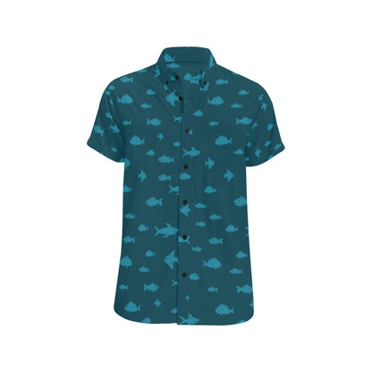 Fish Short Sleeve Men Button Up Shirt, Shark Fishing Ocean Sea Print Casual Buttoned Down Summer Casual Dress Plus Size Collared Starcove Fashion
