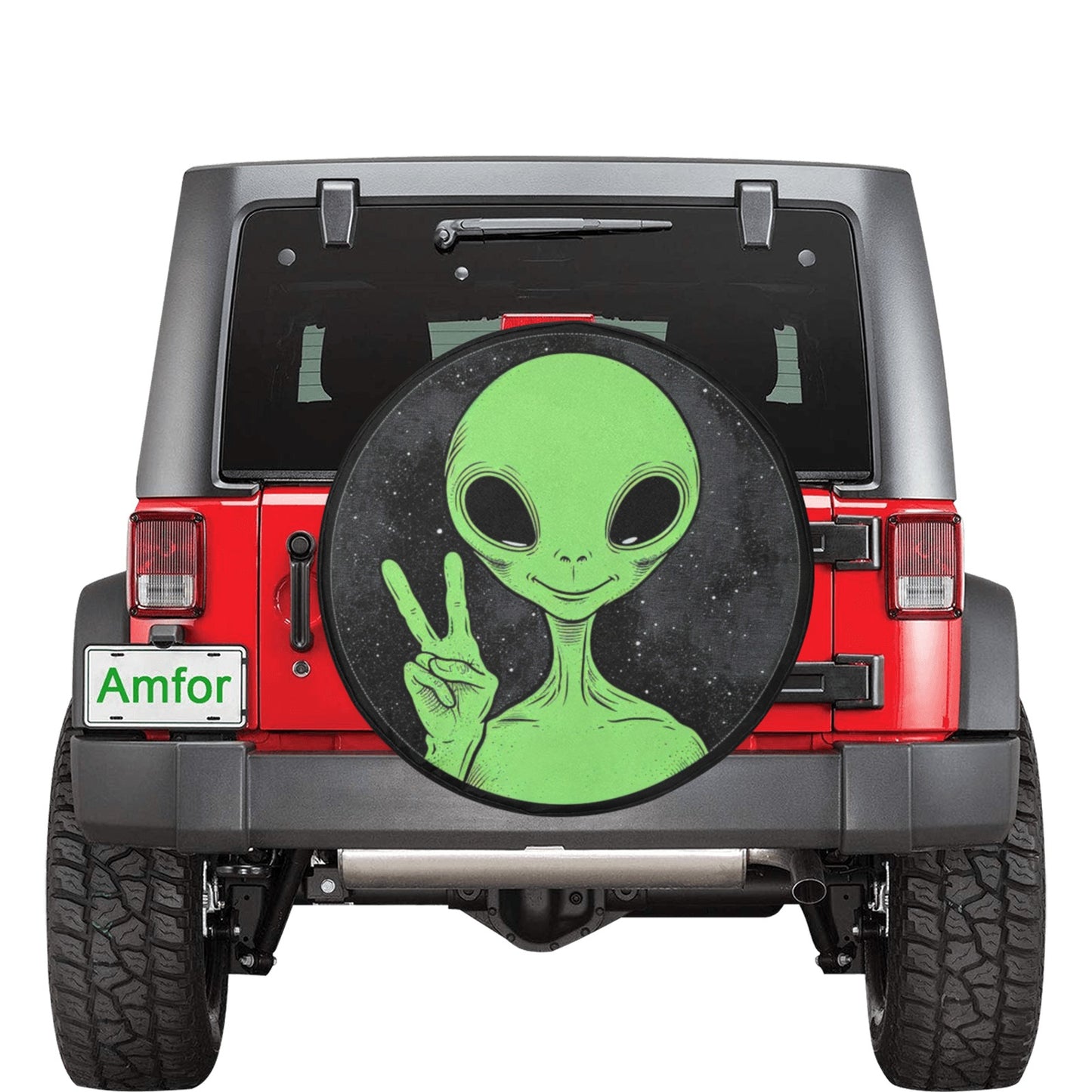 Alien Peace Sign Spare Tire Cover, Space Green Backup Camera Hole Rear Wheel Accessories Custom Unique Design Trailer Camper RV Back