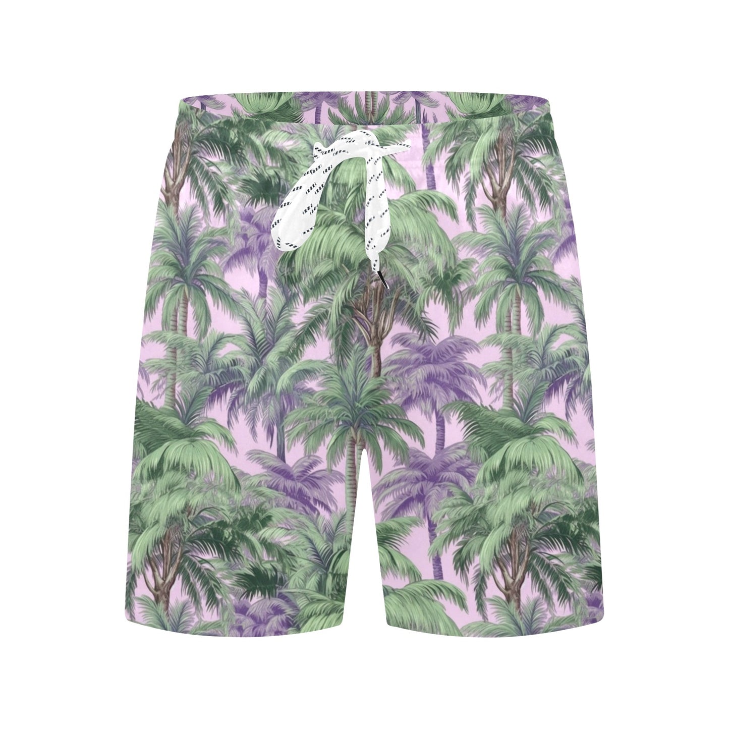 Palm Tree Men Swim Trunks, Lilac Lavender Purple Beach Mid Length Shorts Back Pockets Mesh Liner Drawstring Boys Casual Bathing Suit Summer