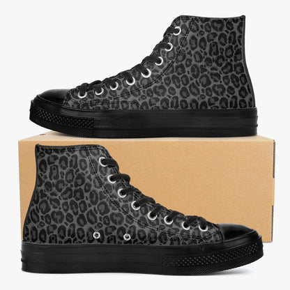 Black Leopard High Top Shoes, Animal Print Lace Up Sneakers Footwear Rave Canvas Streatwear Designer Men Women Shoes Starcove Fashion