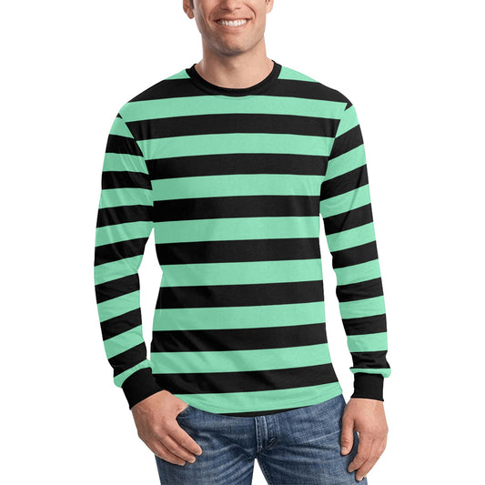 Black Green Men Long Sleeve Striped TShirt, Graphic Vintage Retro Broad Stripes Crewneck Unisex Women Designer Tee Starcove Fashion