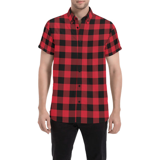 Red Buffalo Plaid Short Sleeve Men Button Up Shirt, Black Check Checkered Print Casual Buttoned Down Collared Summer Dress Designer Shirt