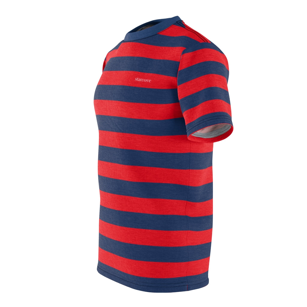 Red and Blue Striped Men T Shirt, Navy Blue Vintage Wide Horizontal Stripes  90s Adult Unisex Designer Crewneck Tee Gifts