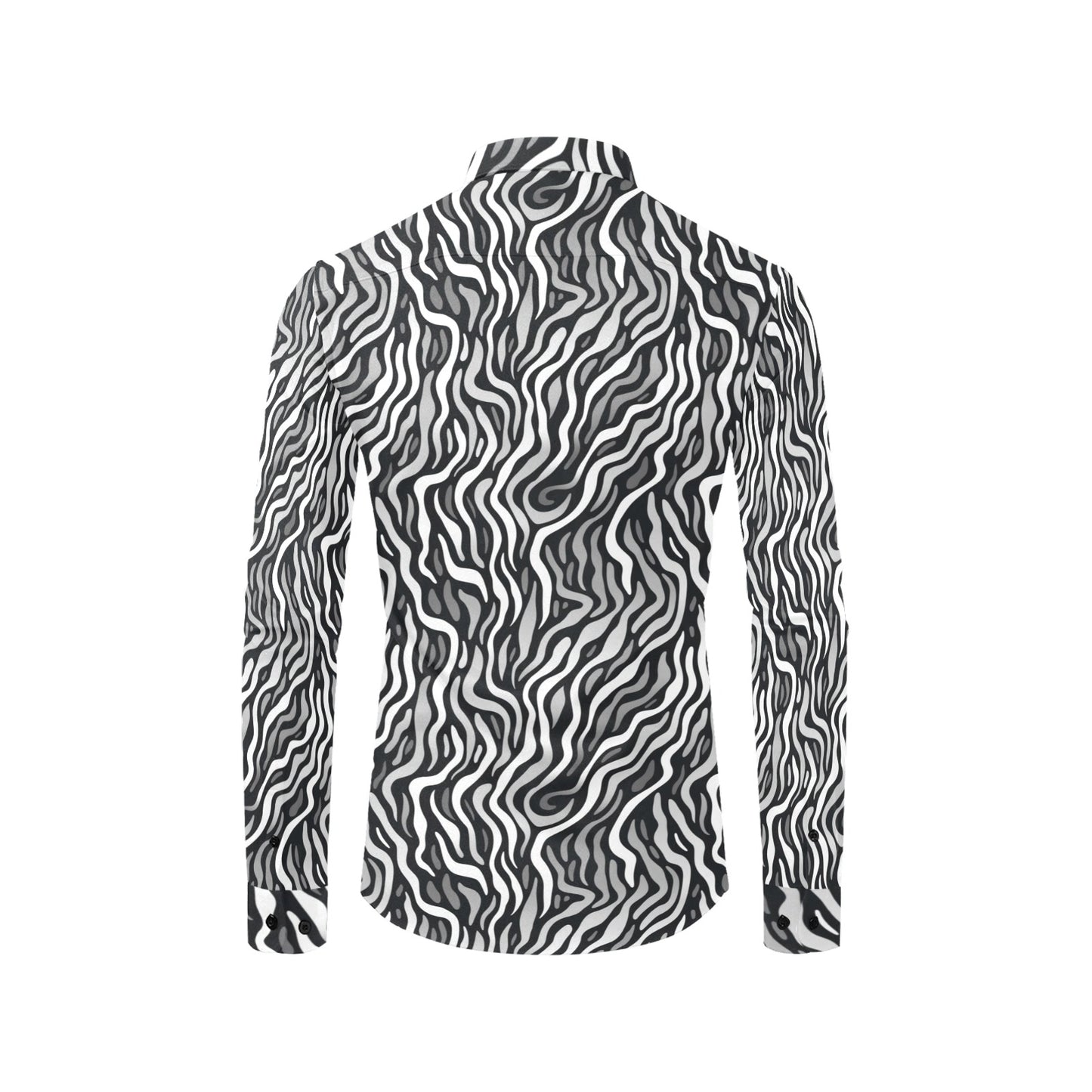 Black White Men Button Up Shirt, Grey Abstract Animal Print Art Guys Male Long Sleeve Buttoned Collar Casual Dress Shirt with Chest Pocket