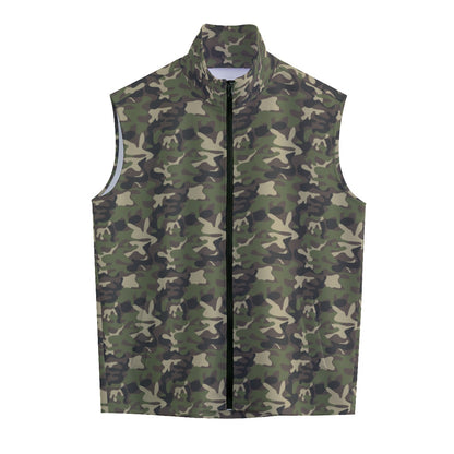 Camo Men Vest Stand-up Collar, Green Camouflage Army Guys Menswear Sweater Golf Casual Travel Light Lightweight Designer Zipper Starcove Fashion