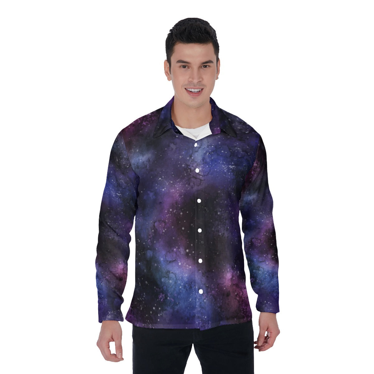 Galaxy Long Sleeve Men Button Up Shirt, Space Stars Print Dress Buttoned Collar Plus Size Shirt with Chest Pocket Starcove Fashion