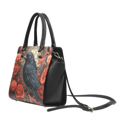 Raven Flowers Purse Handbag, Red Black Bird Gothic Botanical Floral Vegan Leather Designer Women Satchel Top Zip Handle Bag Shoulder Strap