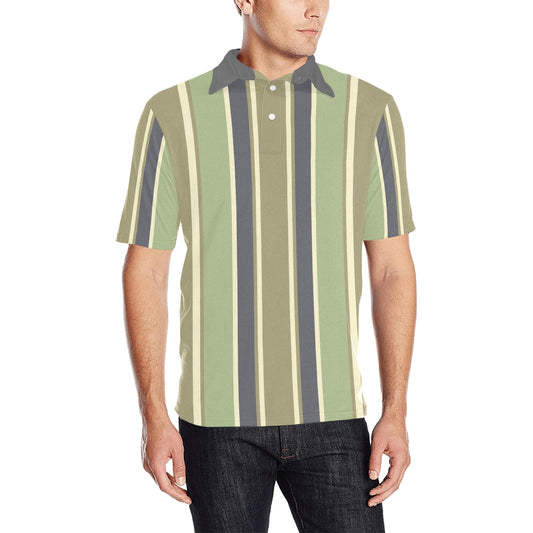 Green Vertical Striped Men Polo Shirt, 90s Vintage Stripe Short Sleeve Classic Collared Button Down Up Rugby Golf Polo Gift for Him Starcove Fashion