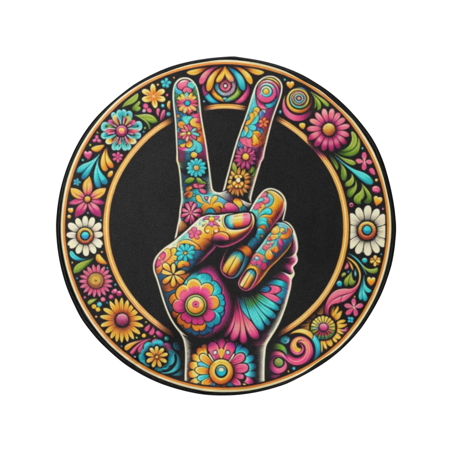 Peace Hand Sign Spare Tire Cover, 70s Flower Floral Power Hippie Black Wheel Auto Back Up Camera Hole Unique Design Women Spare RV Trailer