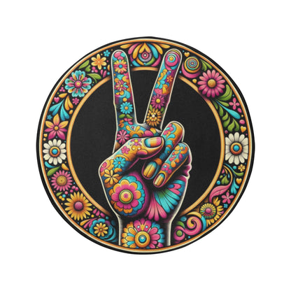 Peace Hand Sign Spare Tire Cover, 70s Flower Floral Power Hippie Black Wheel Auto Back Up Camera Hole Unique Design Women Spare RV Trailer