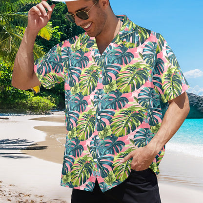 Pink Tropical Men Hawaiian shirt, Green Monstera Leaf Vintage Aloha Hawaii Retro Summer Tropical Beach Plus Size Pocket Guys Button Down