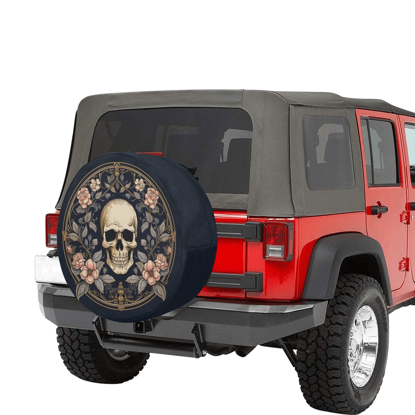 Floral Skull Spare Tire Cover, Pink Flowers Skeleton Backup Camera Hole Rear Wheel Unique Design Trailer Camper RV Back Men Women Protector