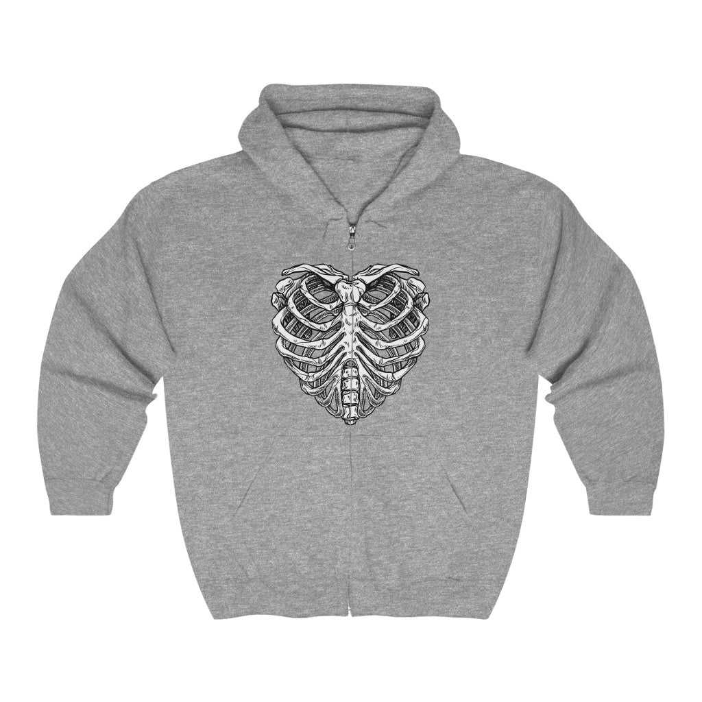 Skeleton Heart Hoodie Zip Up, Skull Rib Cage Bones Halloween Gothic Y2K  Full Zip Men Women Adult Aesthetic Graphic Hooded Sweatshirt Pockets