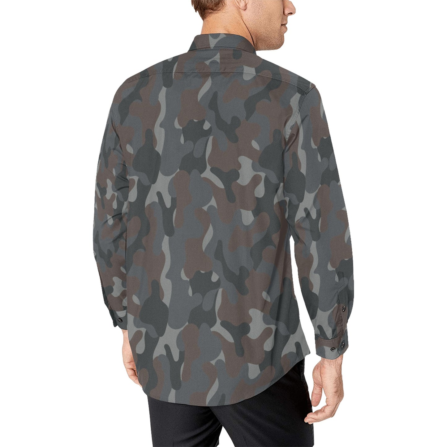 Camouflage Long Sleeve Men Button Up Shirt, Grey Brown Camo Print Buttoned Collared Casual Dress Shirt with Chest Pocket Guys